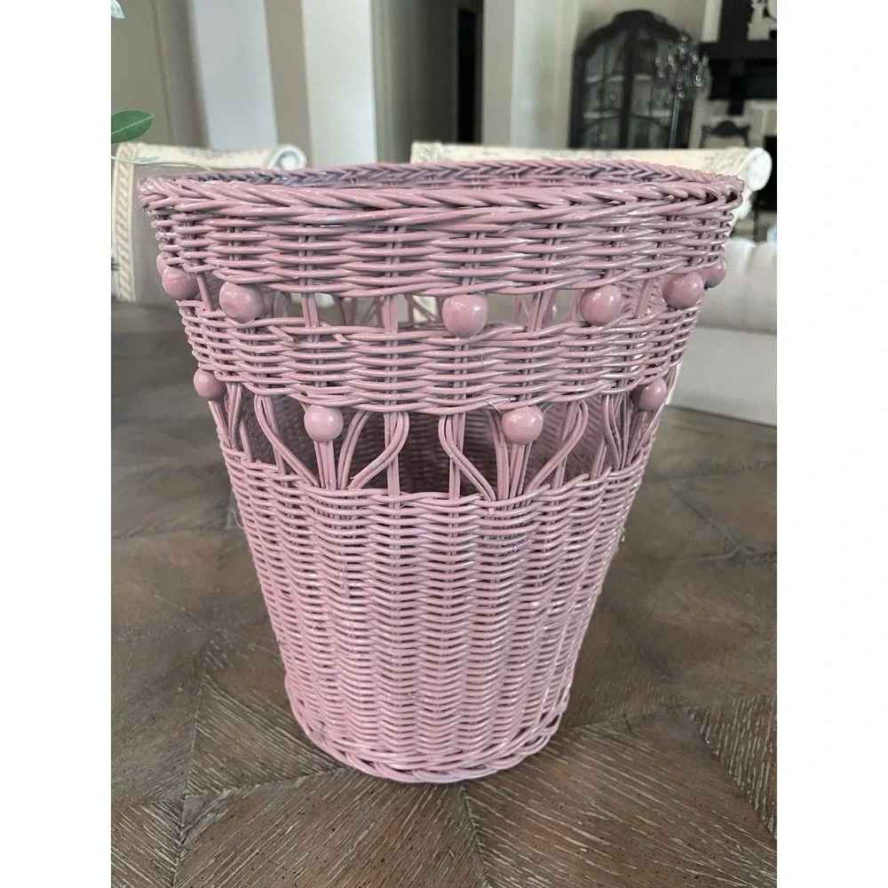 Vintage  Pink Beaded Wicker Rattan Woven Waste Basket Trash Can Bin